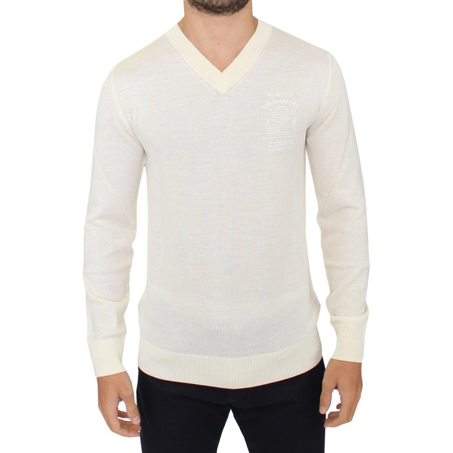 Ermanno Scervino Off-White V-Neck Wool Blend Pullover Ermanno Scervino Light Gray