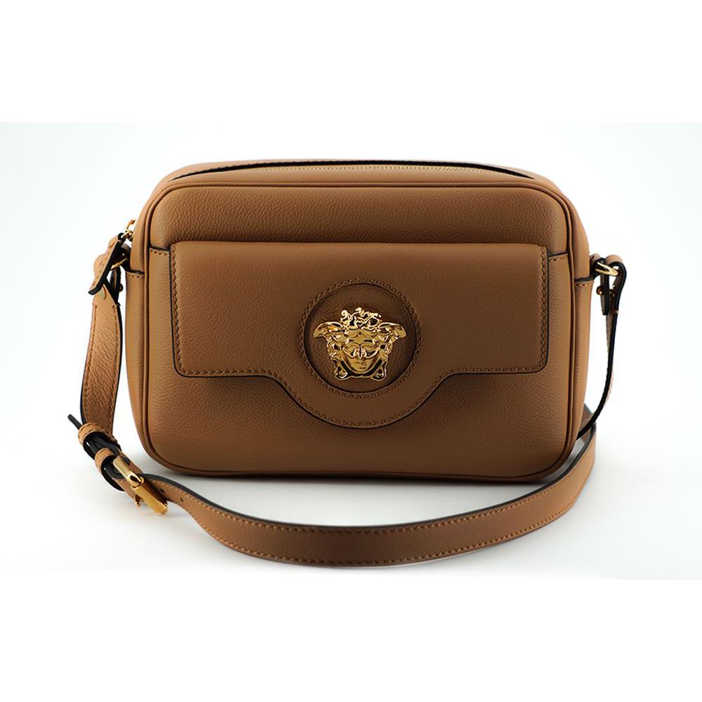Versace Elegant Brown Leather Camera Case Shoulder Bag Crossbody Bag Versace Saddle Brown