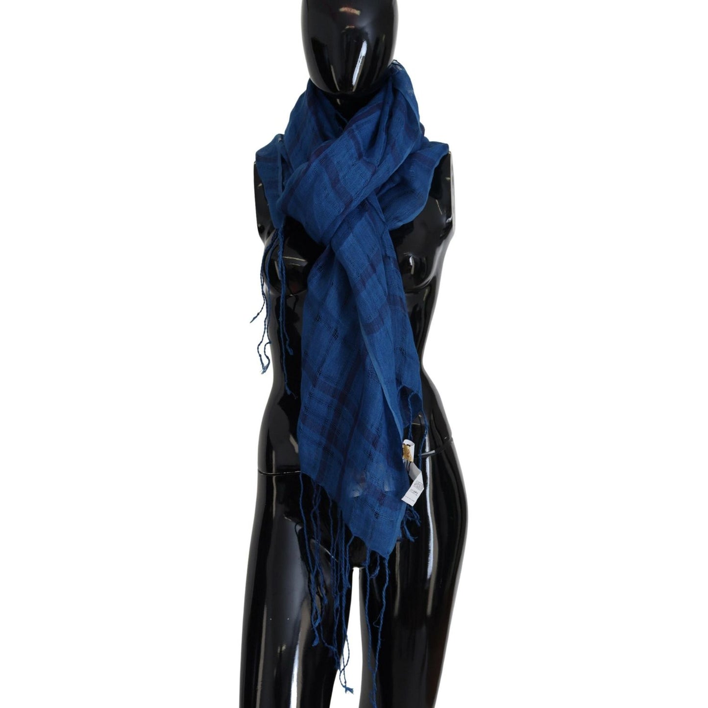 Costume National Chic Linen Fringed Scarf in Blue Checkered Costume National Black