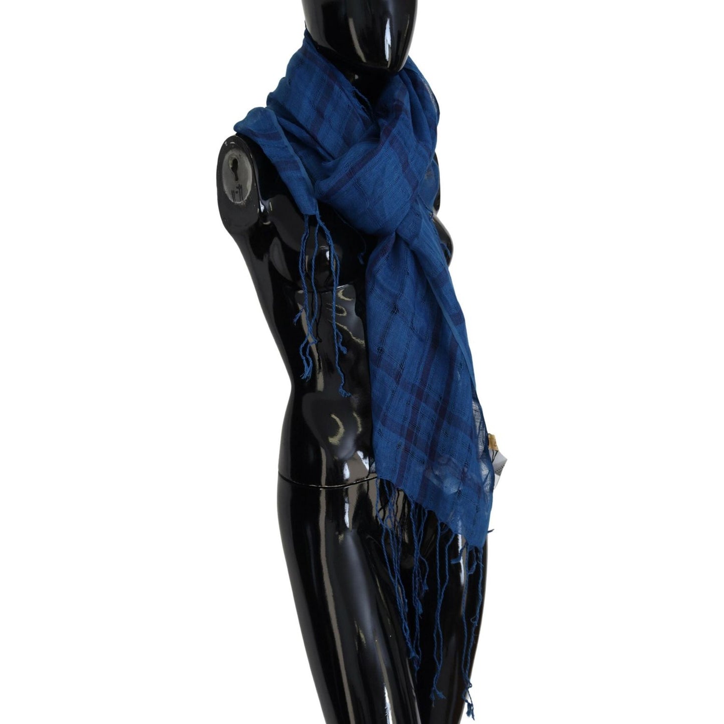 Costume National Chic Linen Fringed Scarf in Blue Checkered Costume National Black