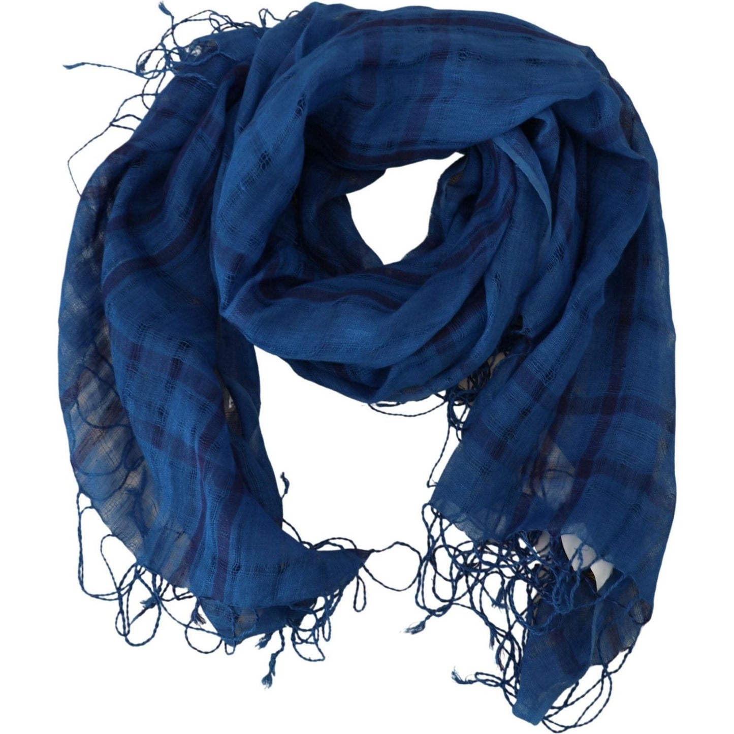 Costume National Chic Linen Fringed Scarf in Blue Checkered Costume National Midnight Blue