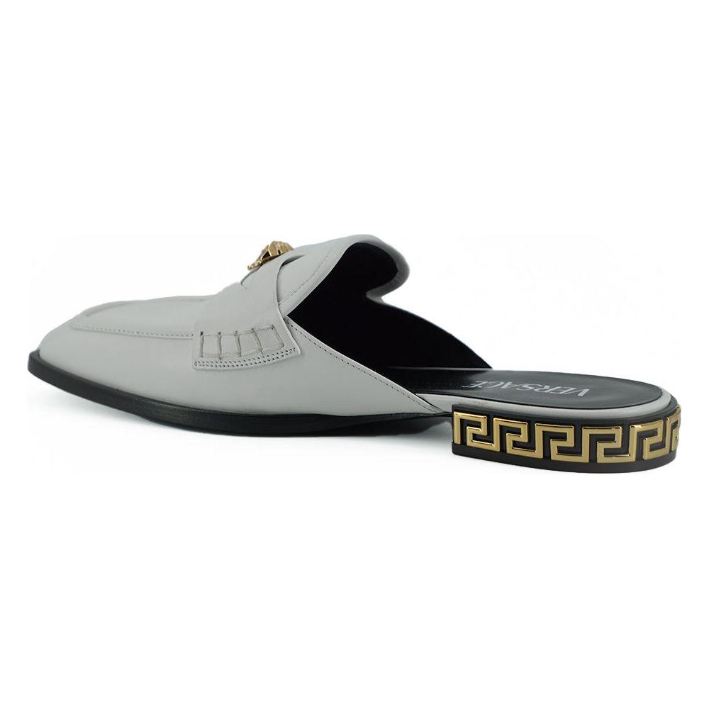 Versace Elegant White Leather Flat Slides Versace Dark Gray
