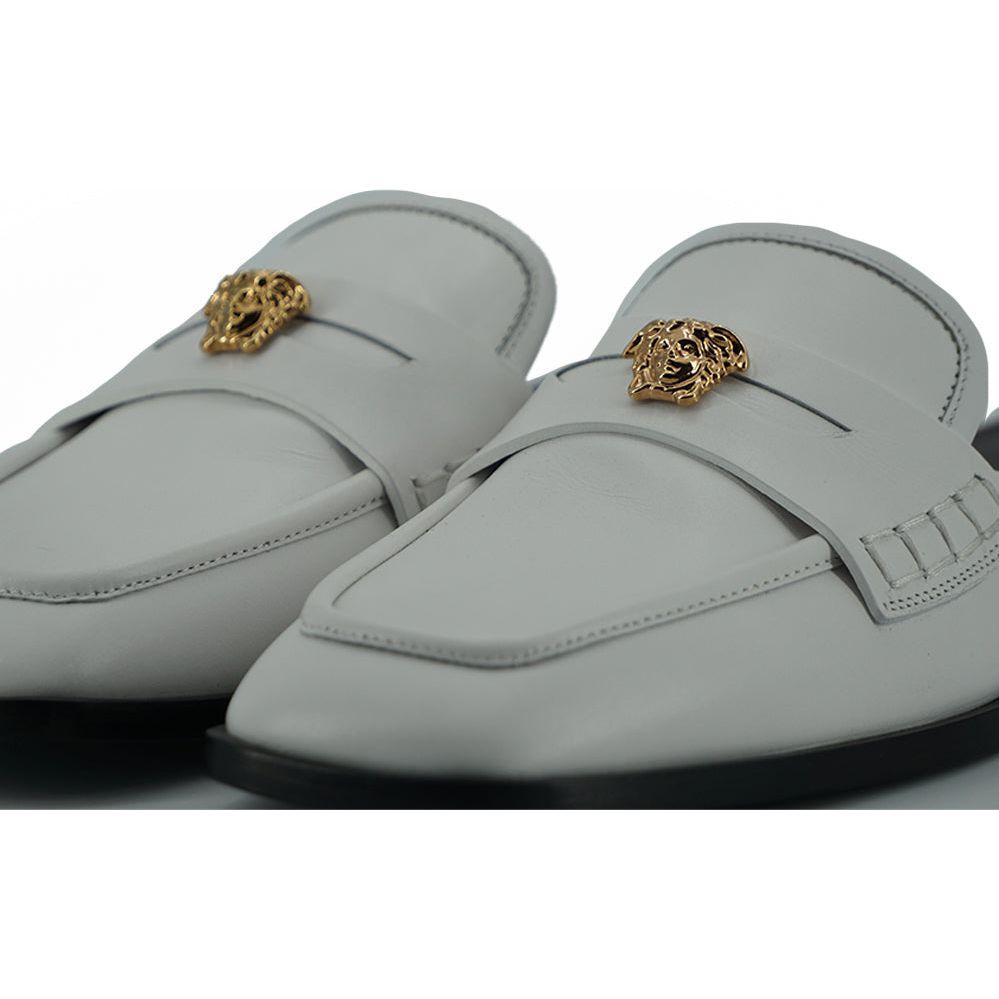 Versace Elegant White Leather Flat Slides Versace Light Slate Gray