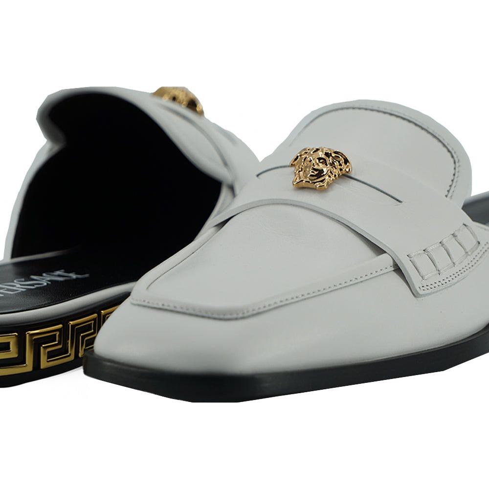 Versace Elegant White Leather Flat Slides Versace Gray