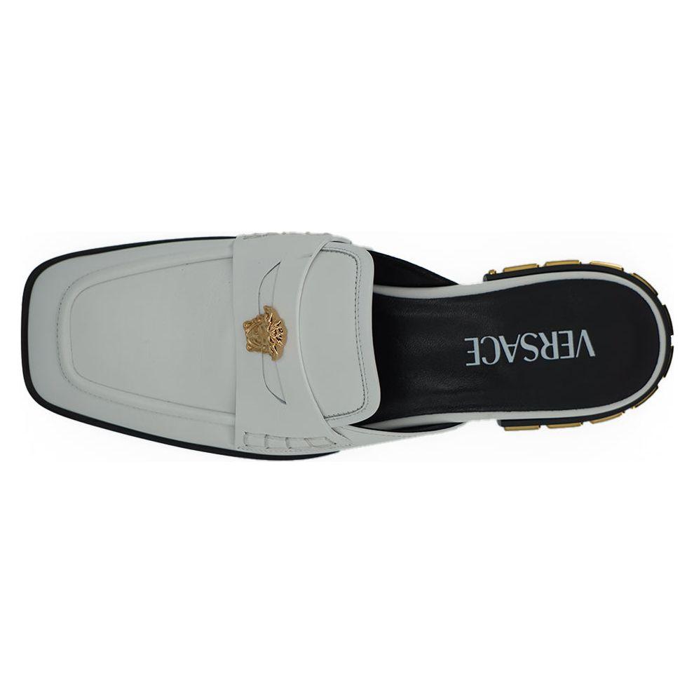 Versace Elegant White Leather Flat Slides Versace Dark Gray