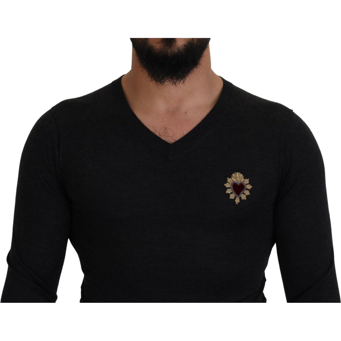 Dolce & Gabbana V-Neck Cashmere Sweater with Heart Embroidery Dolce & Gabbana Black