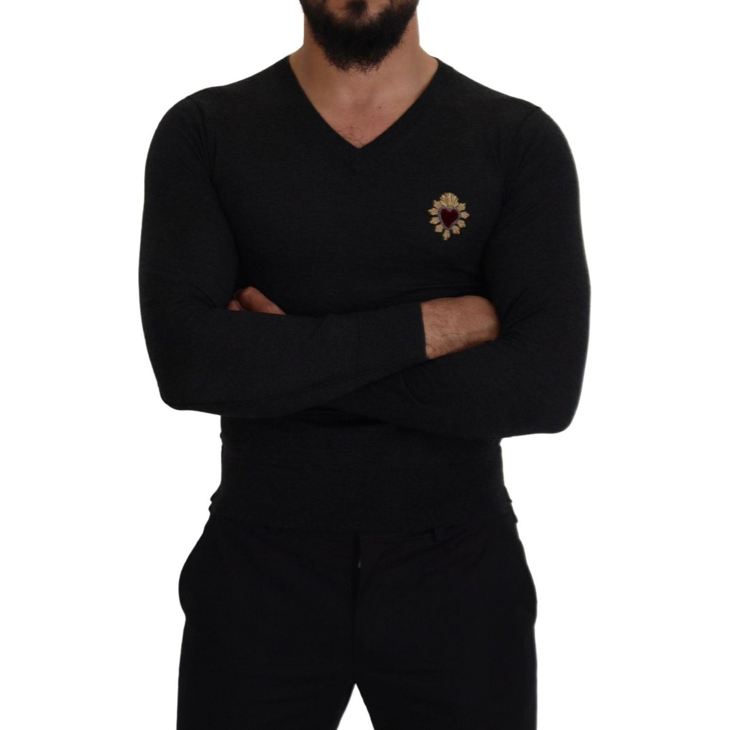 Dolce & Gabbana V-Neck Cashmere Sweater with Heart Embroidery Dolce & Gabbana Black