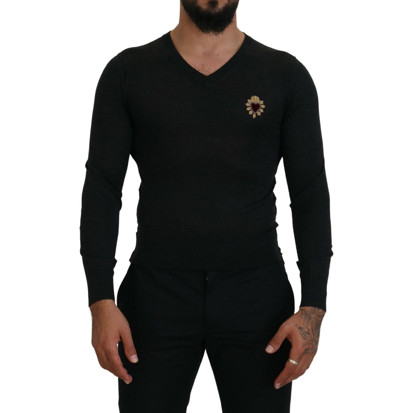 Dolce & Gabbana V-Neck Cashmere Sweater with Heart Embroidery Dolce & Gabbana Black