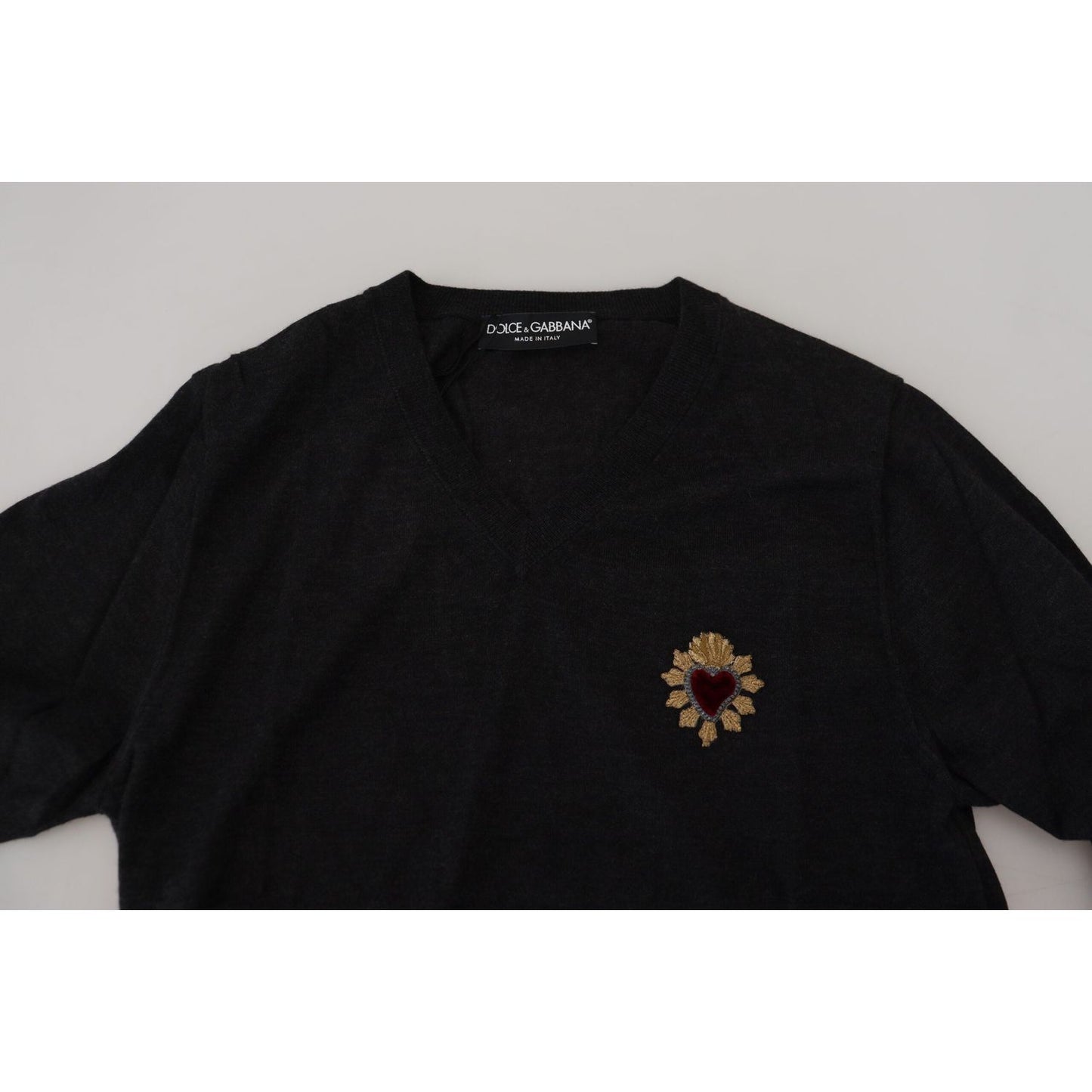 Dolce & Gabbana V-Neck Cashmere Sweater with Heart Embroidery Dolce & Gabbana Black