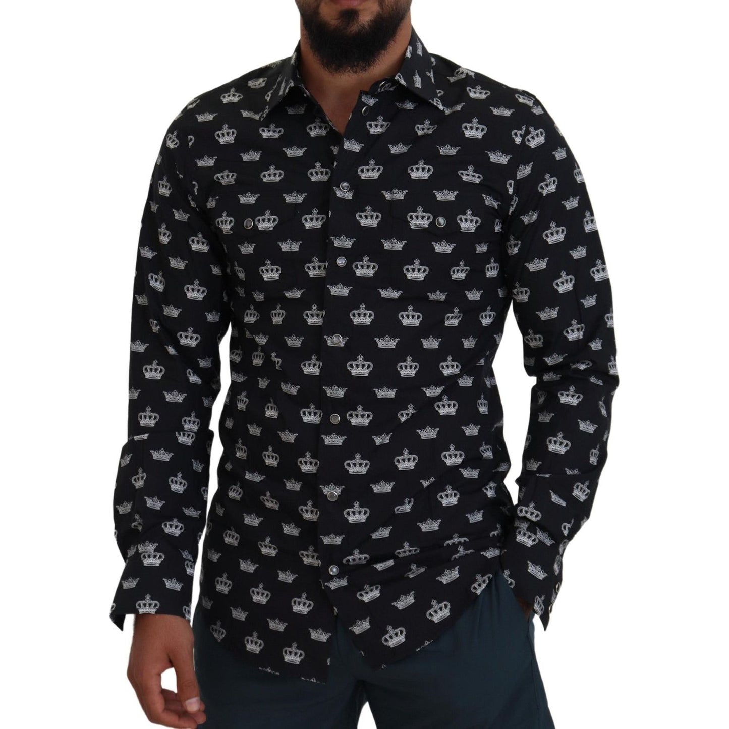 Dolce & Gabbana Elegant Slim Fit Crown Print Formal Shirt Dolce & Gabbana Black