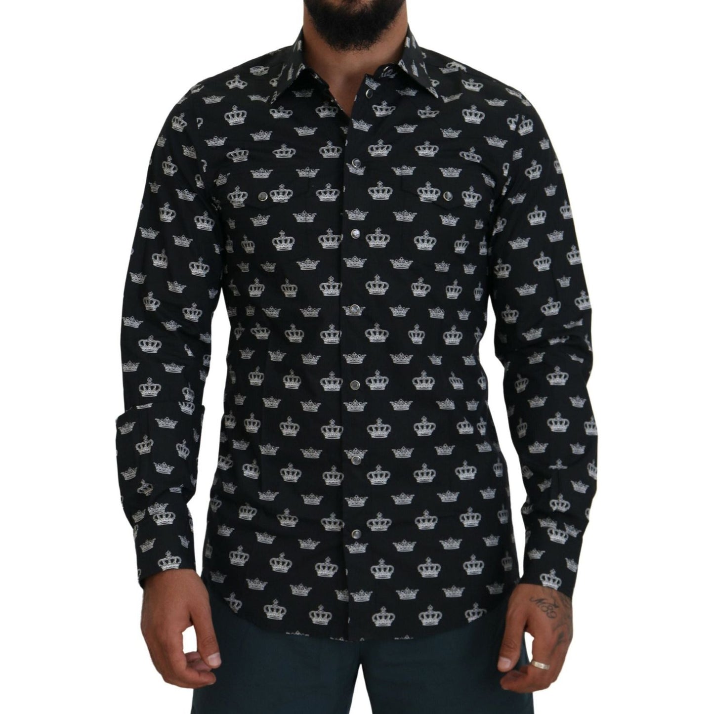 Dolce & Gabbana Elegant Slim Fit Crown Print Formal Shirt Dolce & Gabbana Black