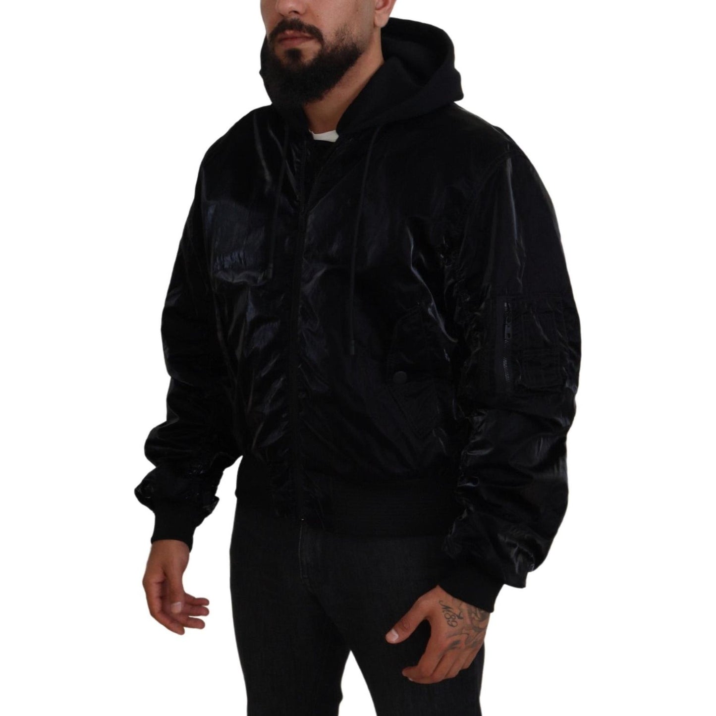 Dolce & Gabbana Elegant Black Bomber Hooded Jacket Dolce & Gabbana Black