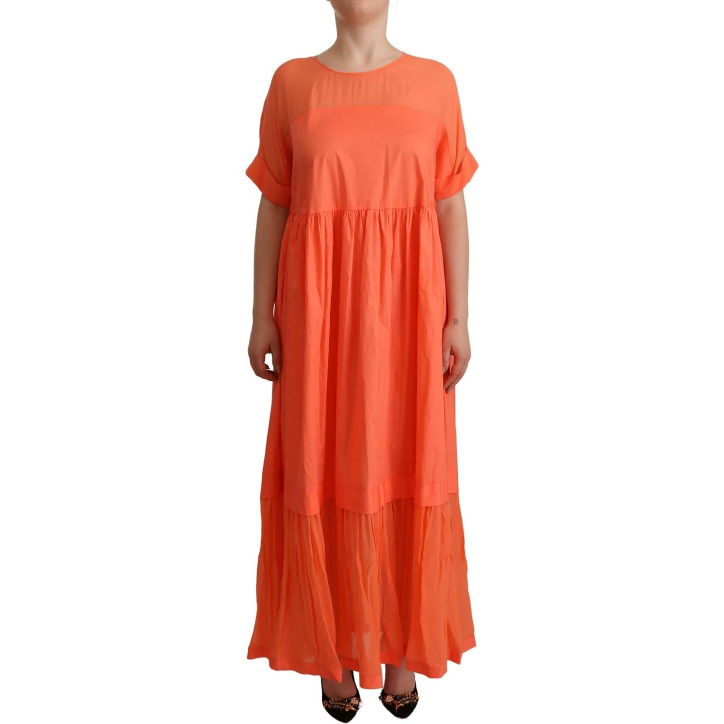 Twinset Elegant Coral Maxi Dress with Short Sleeves Twinset Chocolate