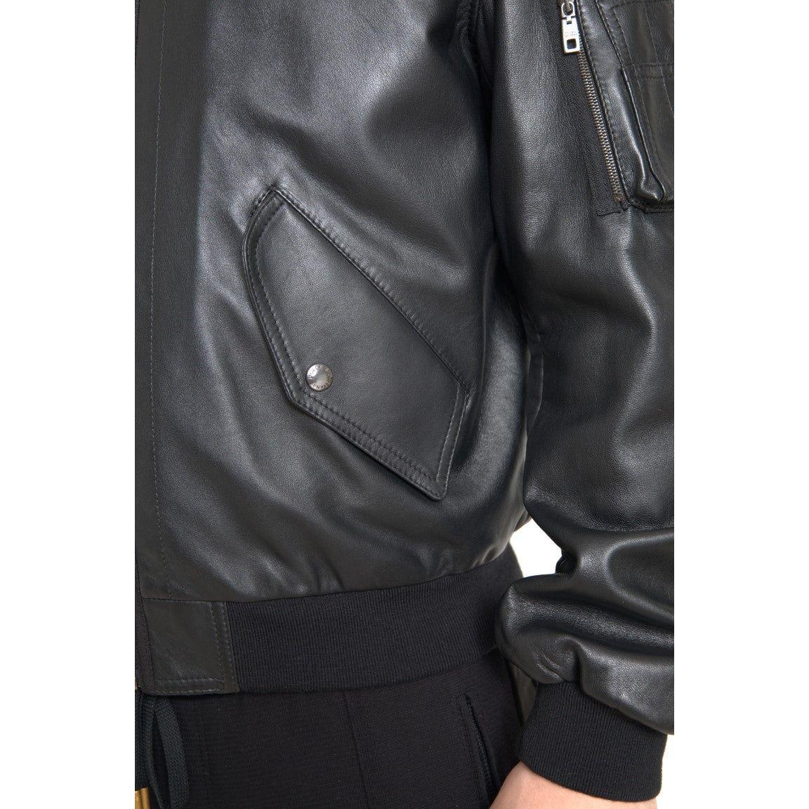 Dolce & Gabbana Elegant Black Leather Bomber Jacket Dolce & Gabbana Dark Slate Gray
