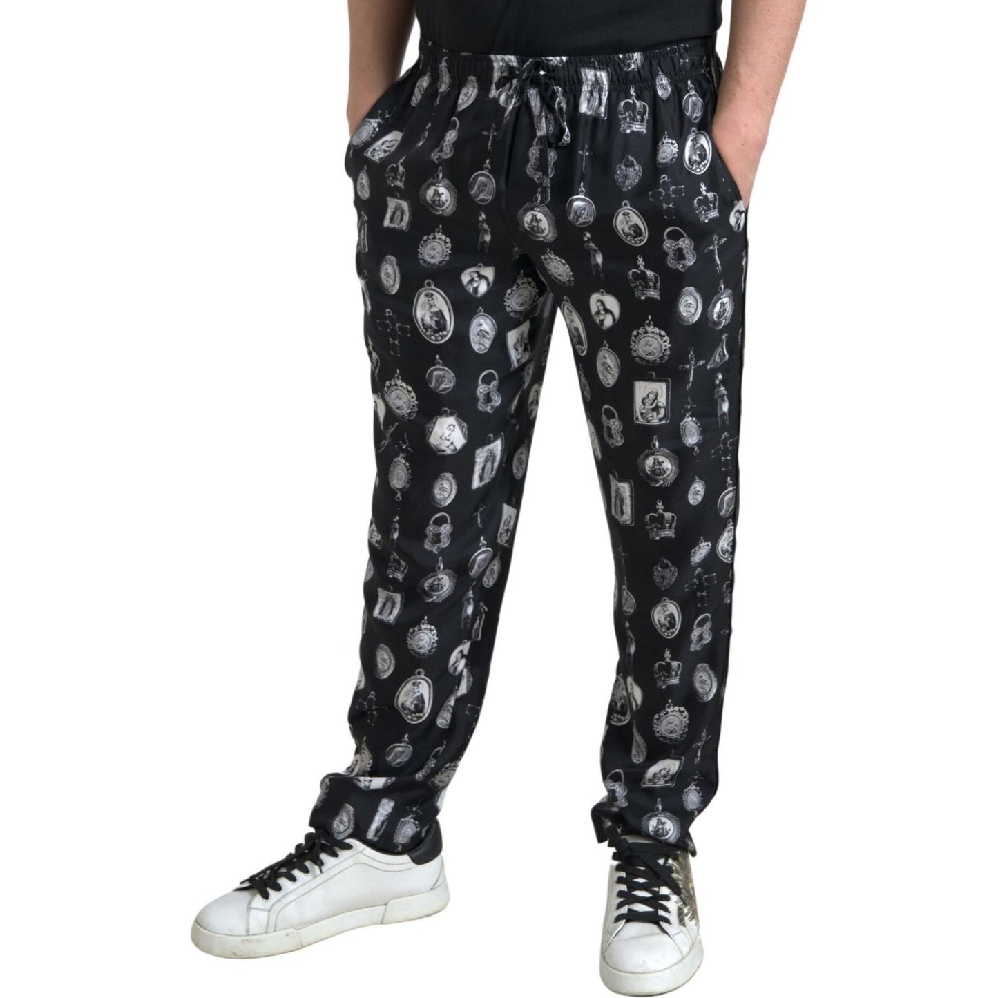 Dolce & Gabbana Elegant Silk Joggers with Religious Print Dolce & Gabbana Gray
