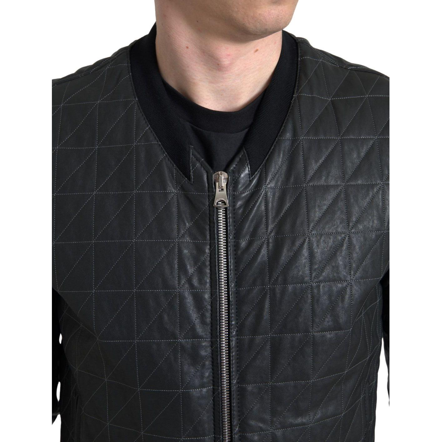Dolce & Gabbana Elegant Black Leather Bomber Jacket Dolce & Gabbana Dark Slate Gray