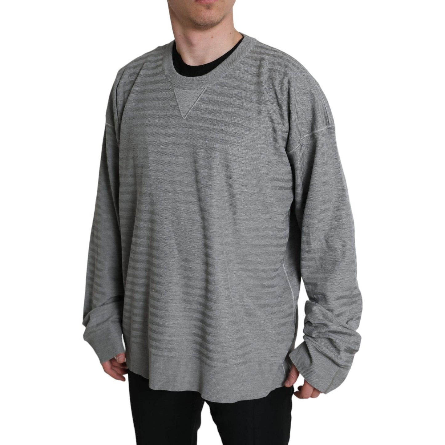 Dolce & Gabbana Elegant Gray Striped Silk Crewneck Pullover Dolce & Gabbana Slate Gray