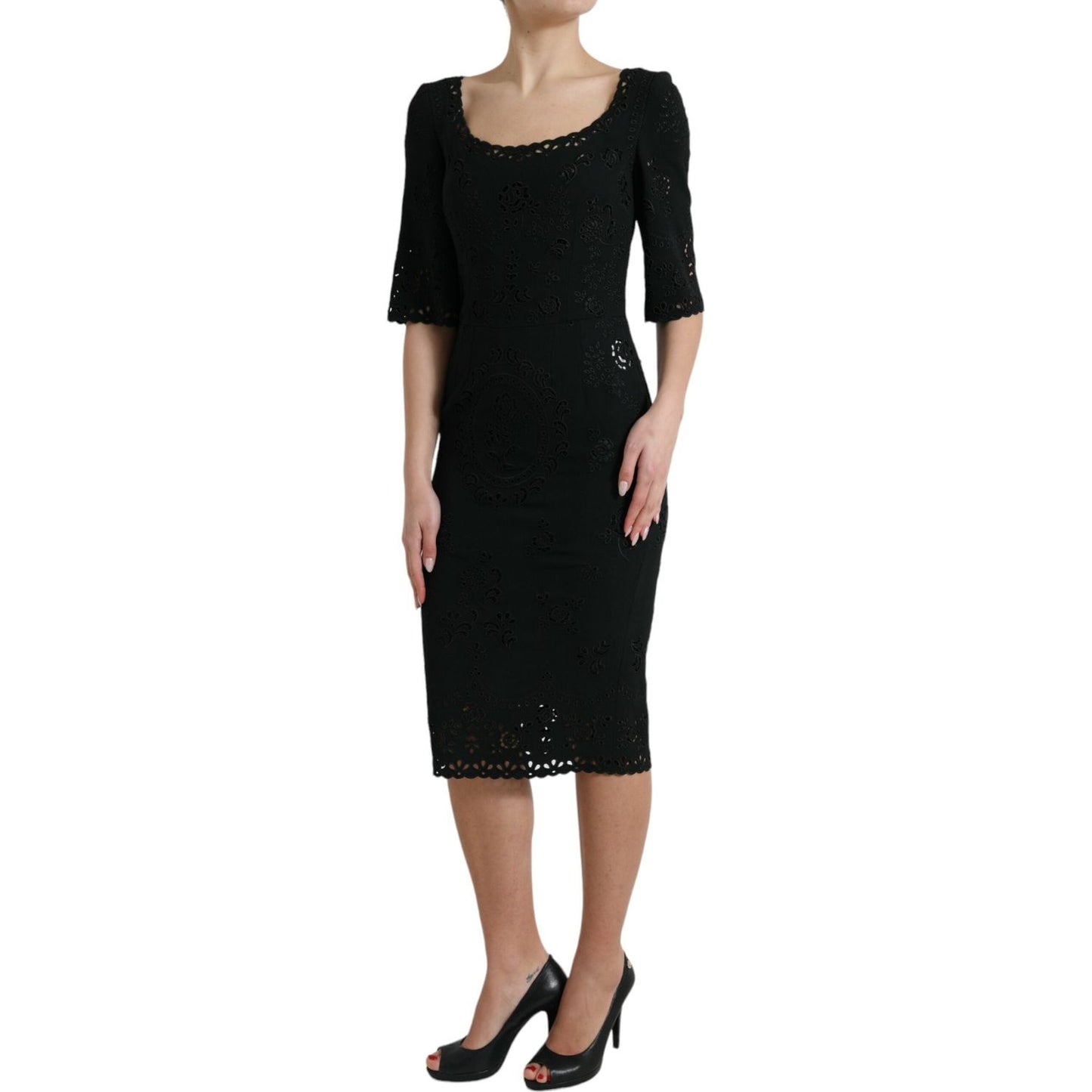 Dolce & Gabbana Black Floral Lace Bodycon Midi Dress Dolce & Gabbana Black