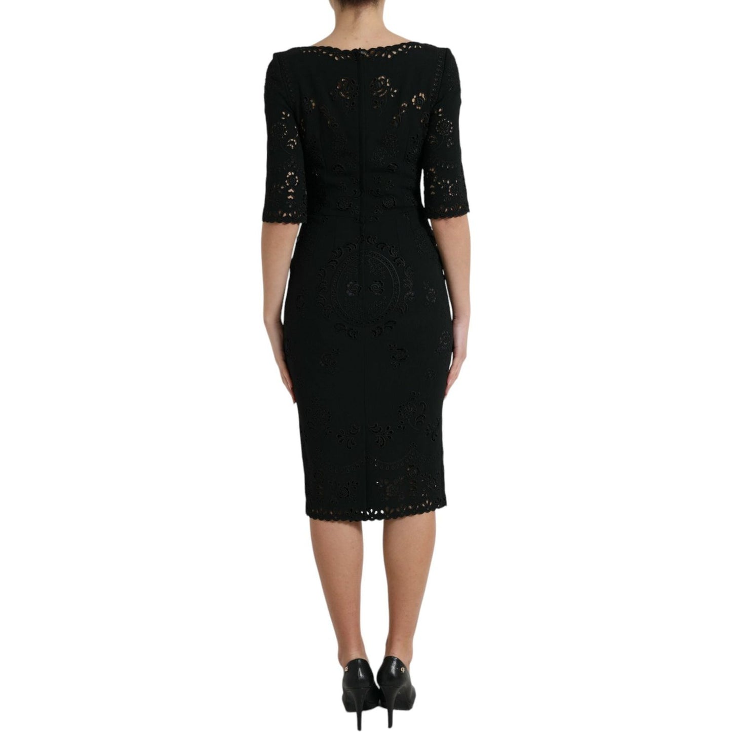 Dolce & Gabbana Black Floral Lace Bodycon Midi Dress Dolce & Gabbana Rosy Brown