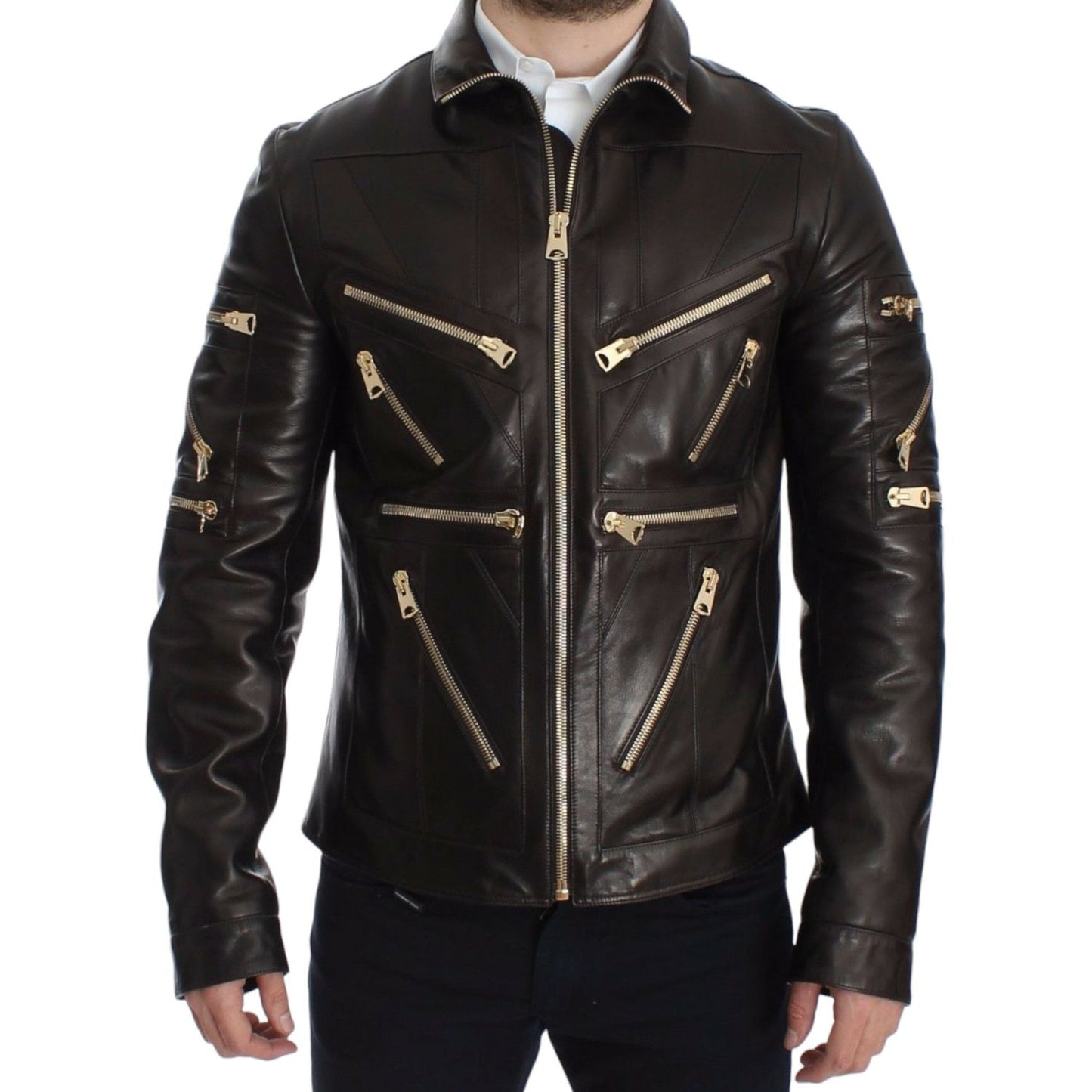 Dolce & Gabbana Elegant Brown Gold-Detailed Leather Jacket Dolce & Gabbana Black