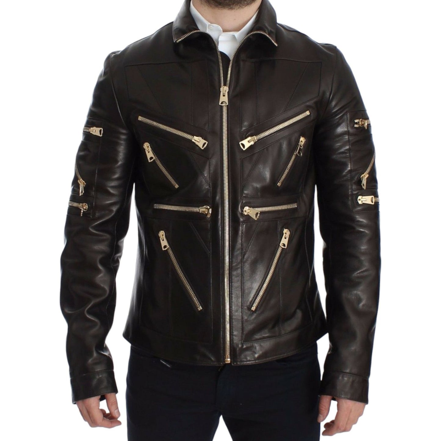 Dolce & Gabbana Elegant Brown Gold-Detailed Leather Jacket Dolce & Gabbana Black