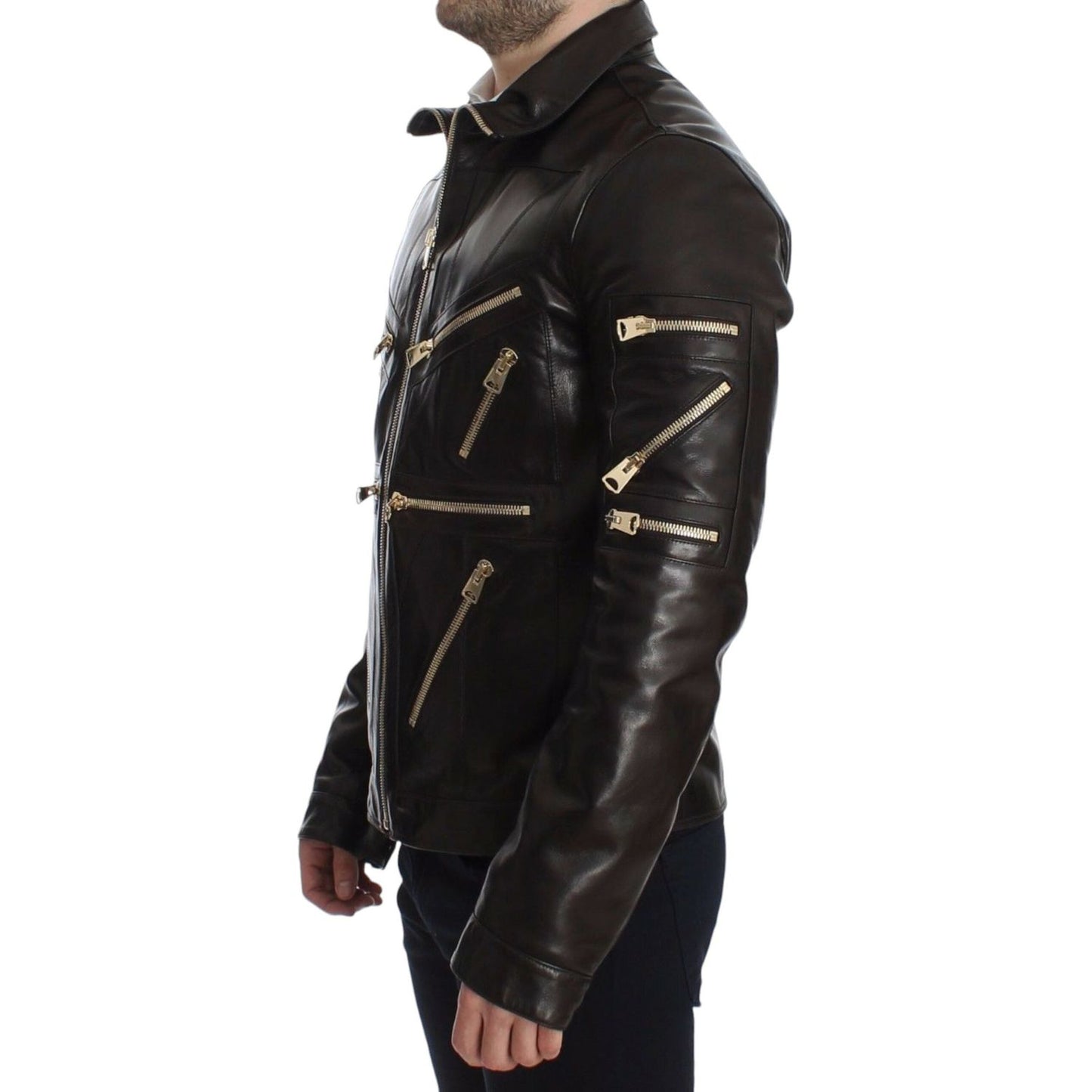 Dolce & Gabbana Elegant Brown Gold-Detailed Leather Jacket Dolce & Gabbana Black