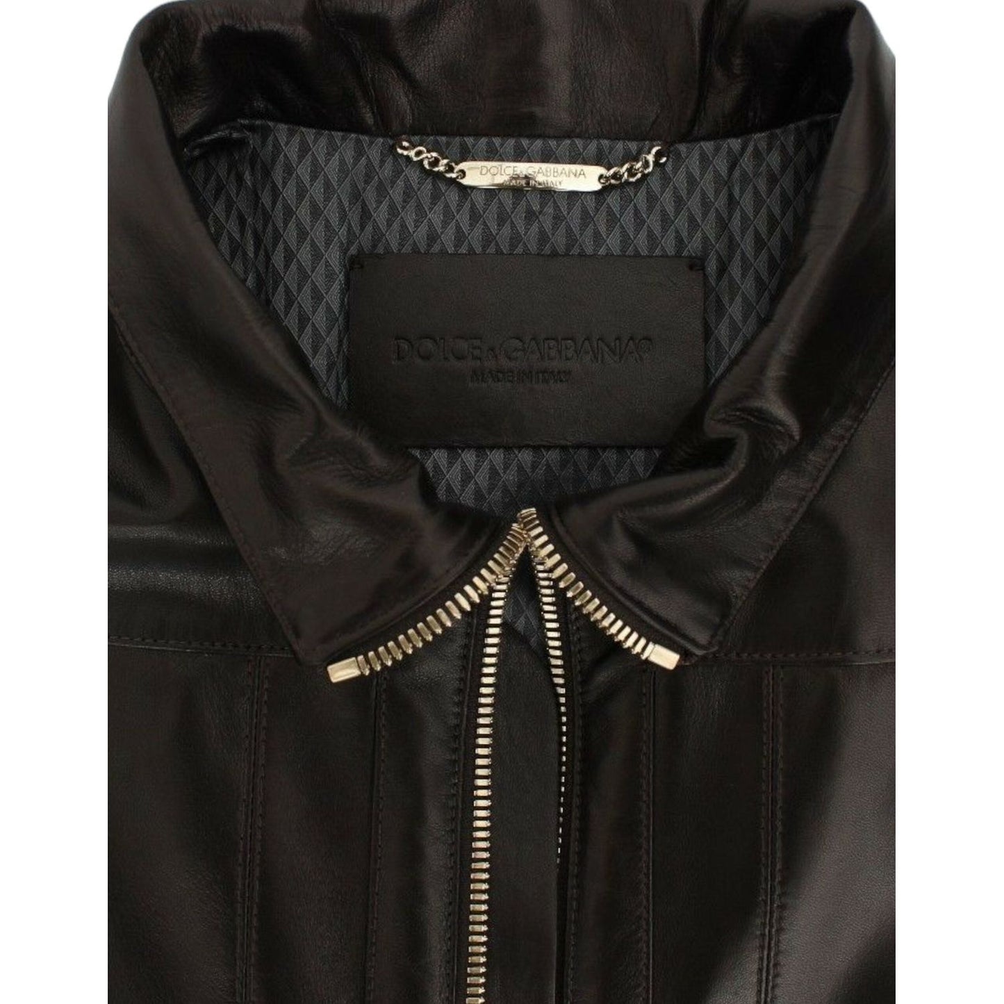 Dolce & Gabbana Elegant Brown Gold-Detailed Leather Jacket Dolce & Gabbana Black