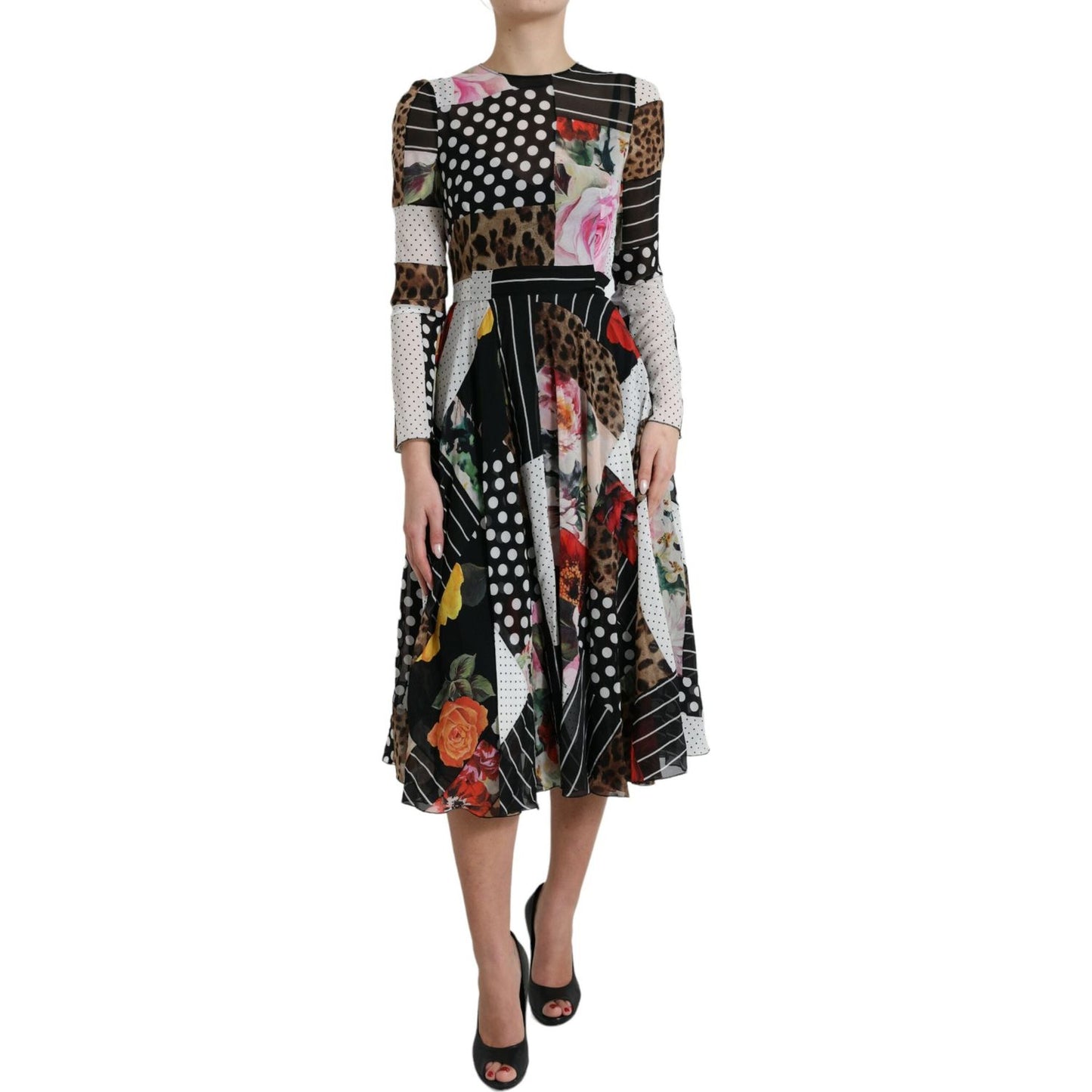 Dolce & Gabbana Elegant Patchwork Silk Midi A-Line Dress Dolce & Gabbana Black
