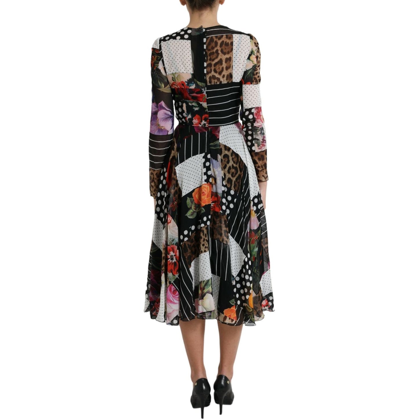 Dolce & Gabbana Elegant Patchwork Silk Midi A-Line Dress Dolce & Gabbana Gray