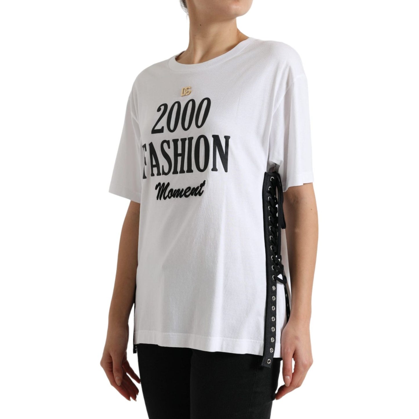 Dolce & Gabbana Elegant White Lace-Up Cotton Tee Dolce & Gabbana Gray
