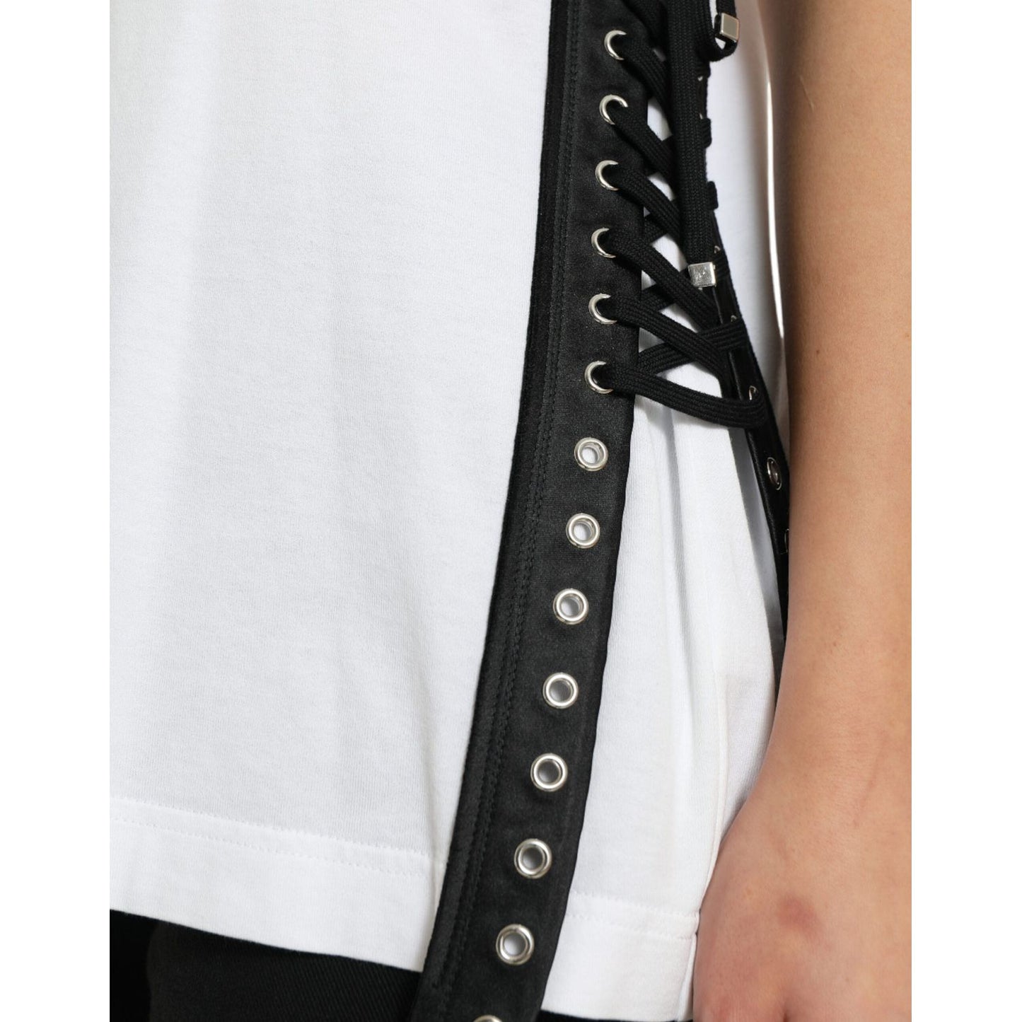 Dolce & Gabbana Elegant White Lace-Up Cotton Tee Dolce & Gabbana Black