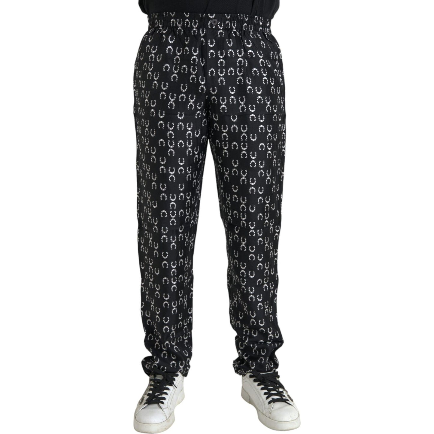 Dolce & Gabbana Black Horseshoe Print Silk Pants Dolce & Gabbana Black