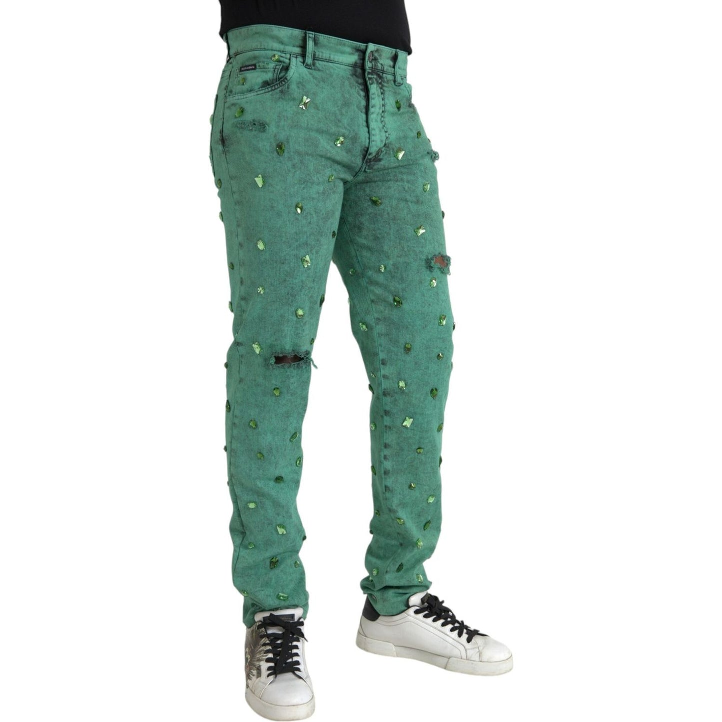 Dolce & Gabbana Green Crystals Cotton Stretch Slim Jeans Dolce & Gabbana Dim Gray