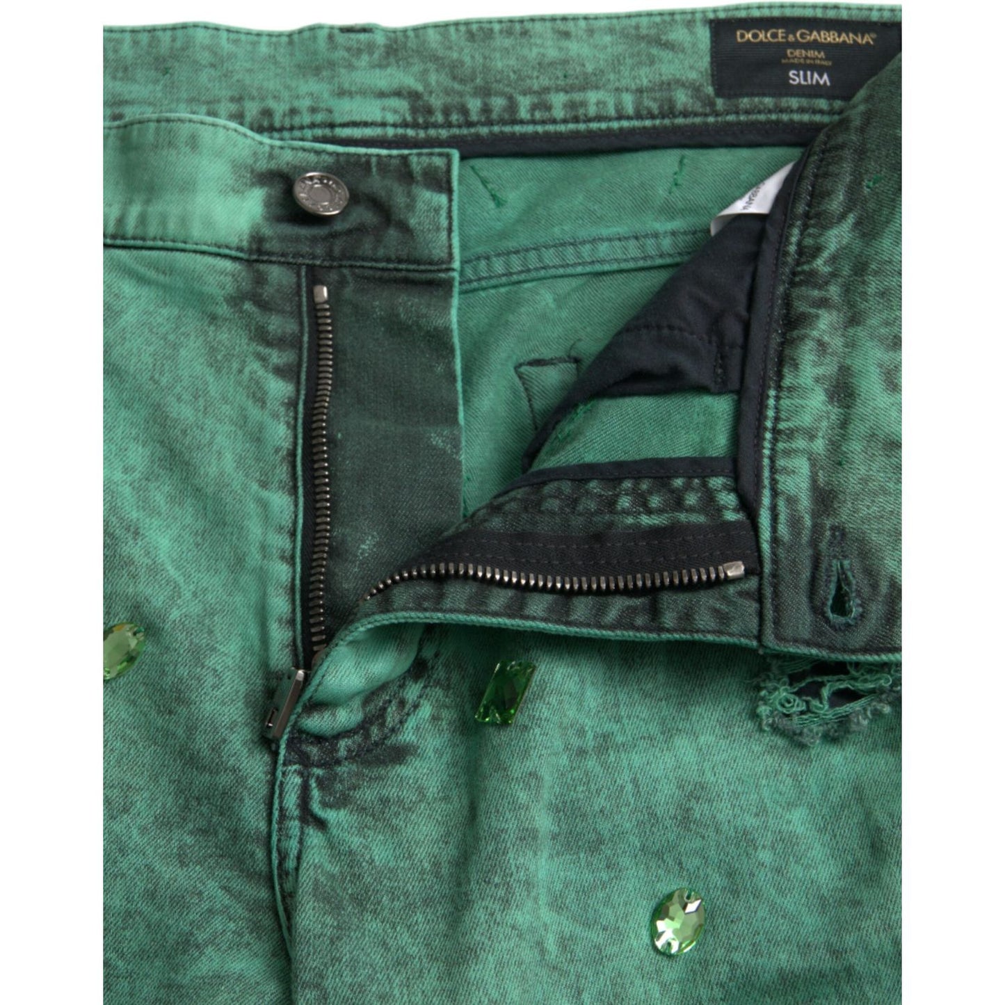 Dolce & Gabbana Green Crystals Cotton Stretch Slim Jeans Dolce & Gabbana Dim Gray
