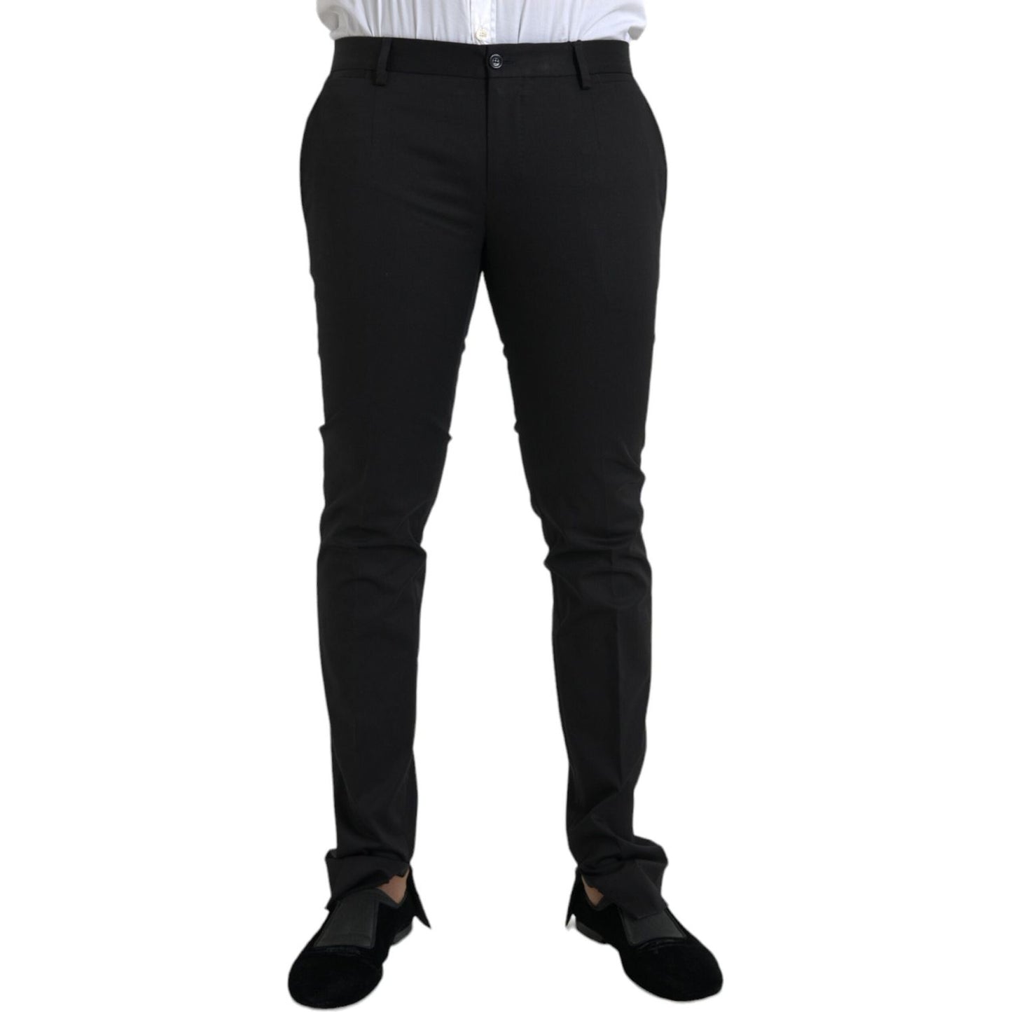 Dolce & Gabbana black cotton stretch skinny dress pants, featuring a slim fit and zipper closure, made in Italy with logo details.
