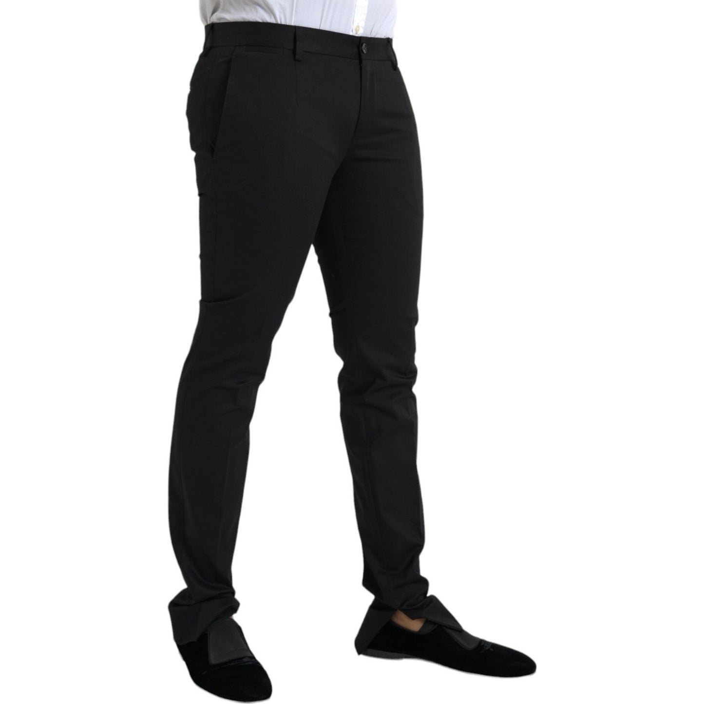 Dolce & Gabbana black cotton stretch skinny dress pants, slim fit, featuring zipper closure and logo details, made in Italy.