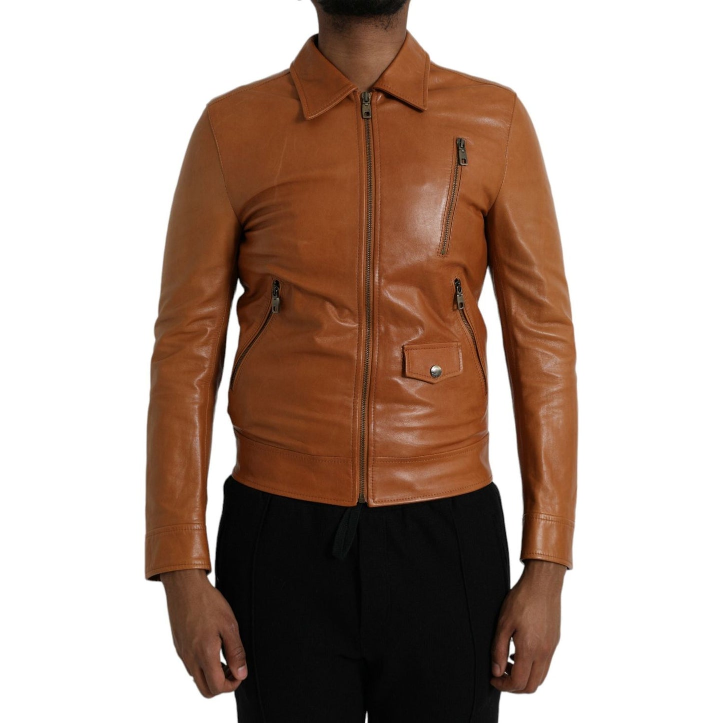 Dolce & Gabbana Brown Lamb Leather Full Zip Blouson Jacket Dolce & Gabbana Saddle Brown