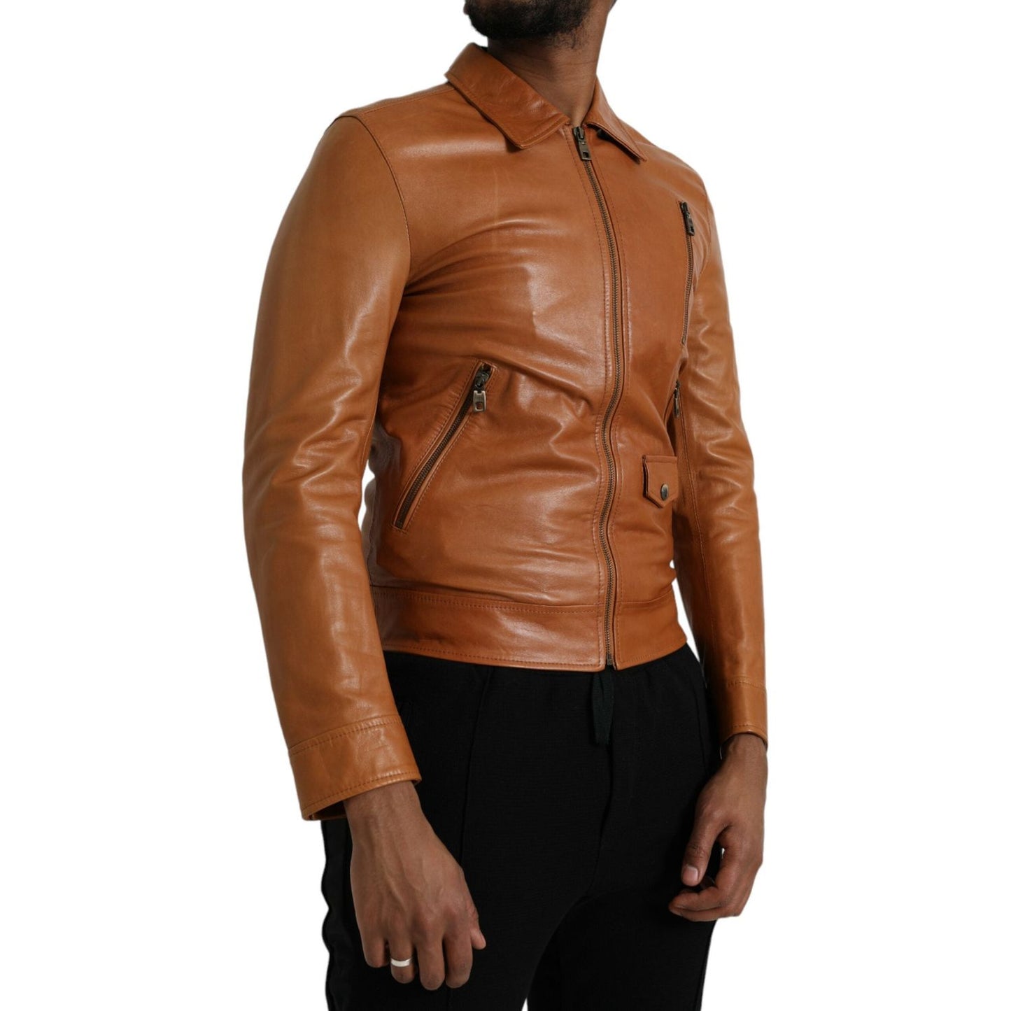 Dolce & Gabbana Brown Lamb Leather Full Zip Blouson Jacket Dolce & Gabbana Sienna