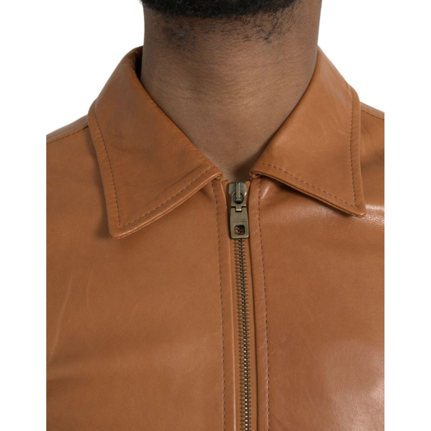 Dolce & Gabbana Brown Lamb Leather Full Zip Blouson Jacket Dolce & Gabbana Sienna