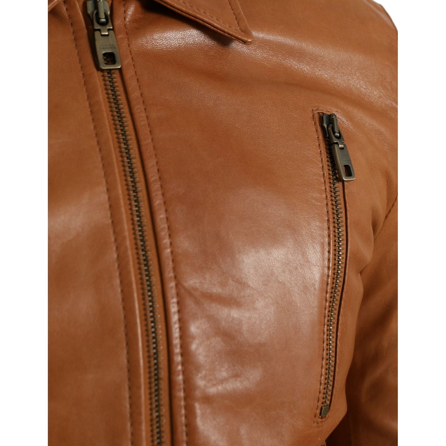 Dolce & Gabbana Brown Lamb Leather Full Zip Blouson Jacket Dolce & Gabbana Sienna