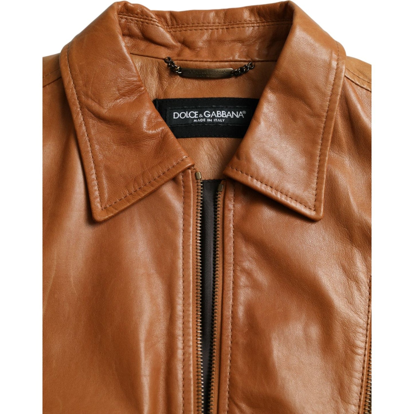 Dolce & Gabbana Brown Lamb Leather Full Zip Blouson Jacket Dolce & Gabbana Sienna