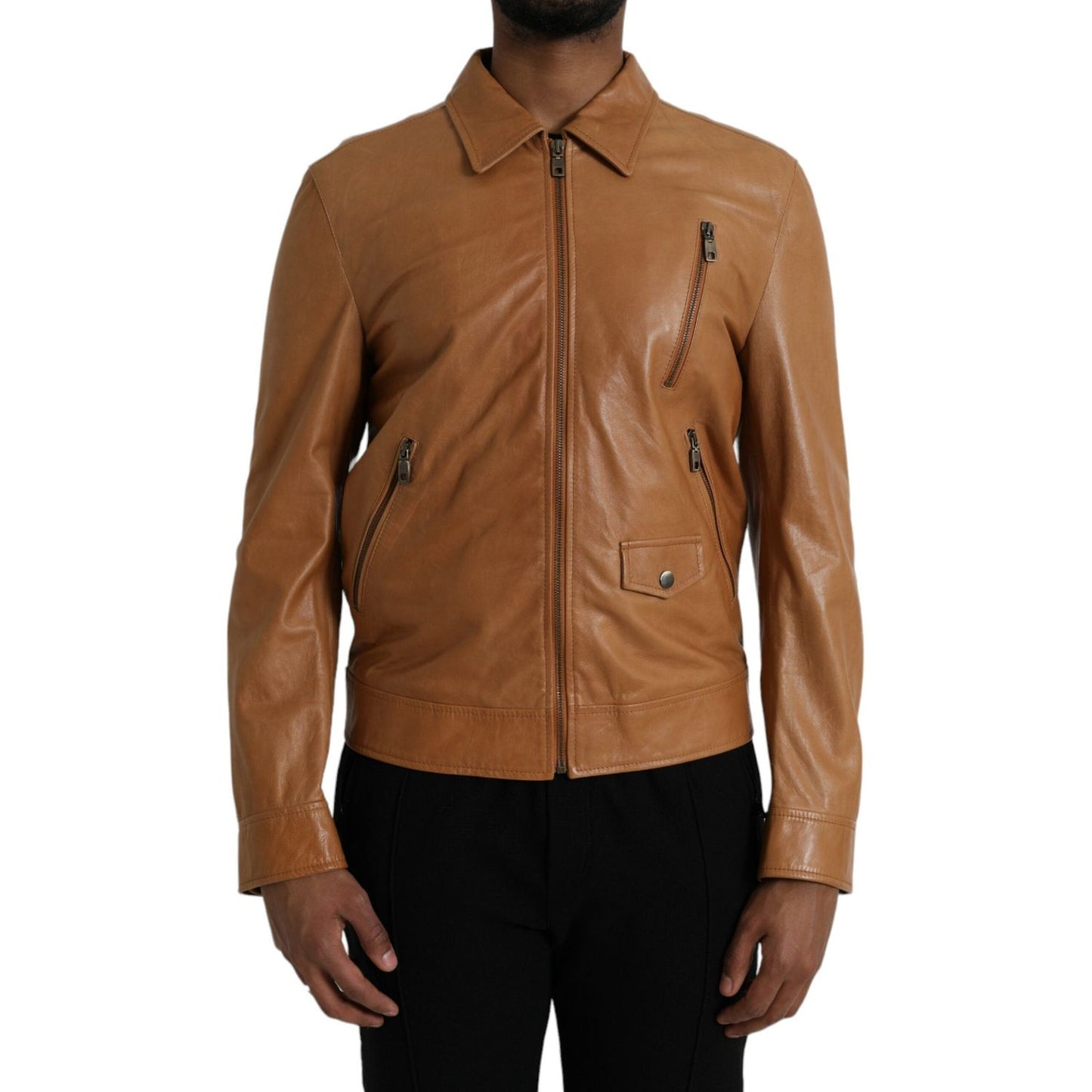 Dolce & Gabbana Brown Lamb Leather Full Zip Blouson Jacket Dolce & Gabbana Sienna