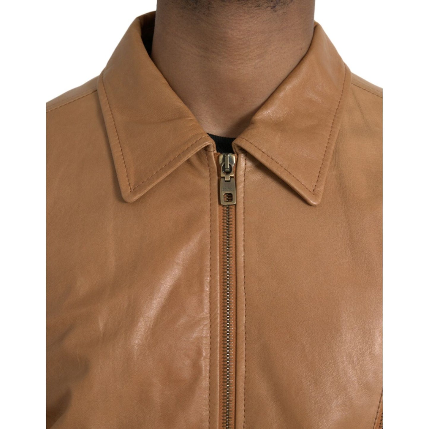 Dolce & Gabbana Brown Lamb Leather Full Zip Blouson Jacket Dolce & Gabbana Sienna