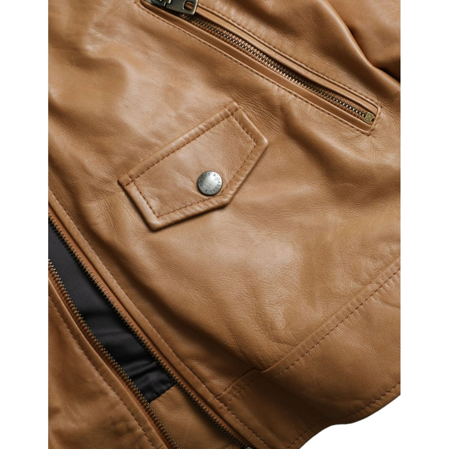 Dolce & Gabbana Brown Lamb Leather Full Zip Blouson Jacket Dolce & Gabbana Sienna