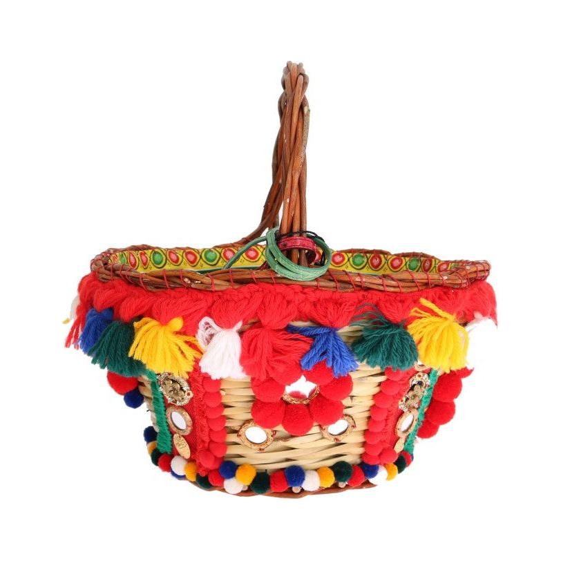 Dolce & Gabbana Elegant Beige Straw & Exotic Skins Pom Pom Tote Dolce & Gabbana Firebrick