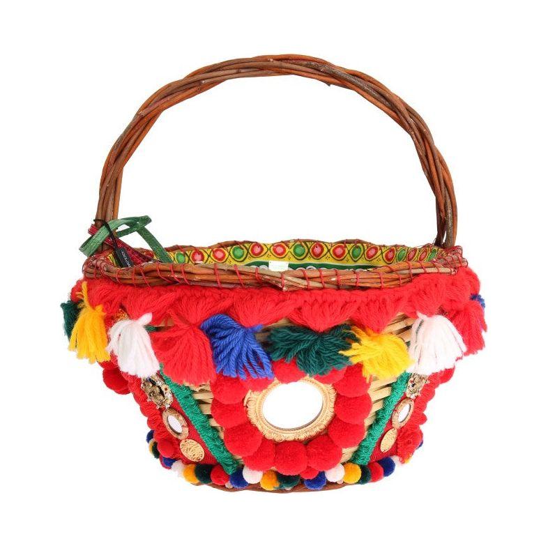 Dolce & Gabbana Elegant Beige Straw & Exotic Skins Pom Pom Tote Dolce & Gabbana Firebrick