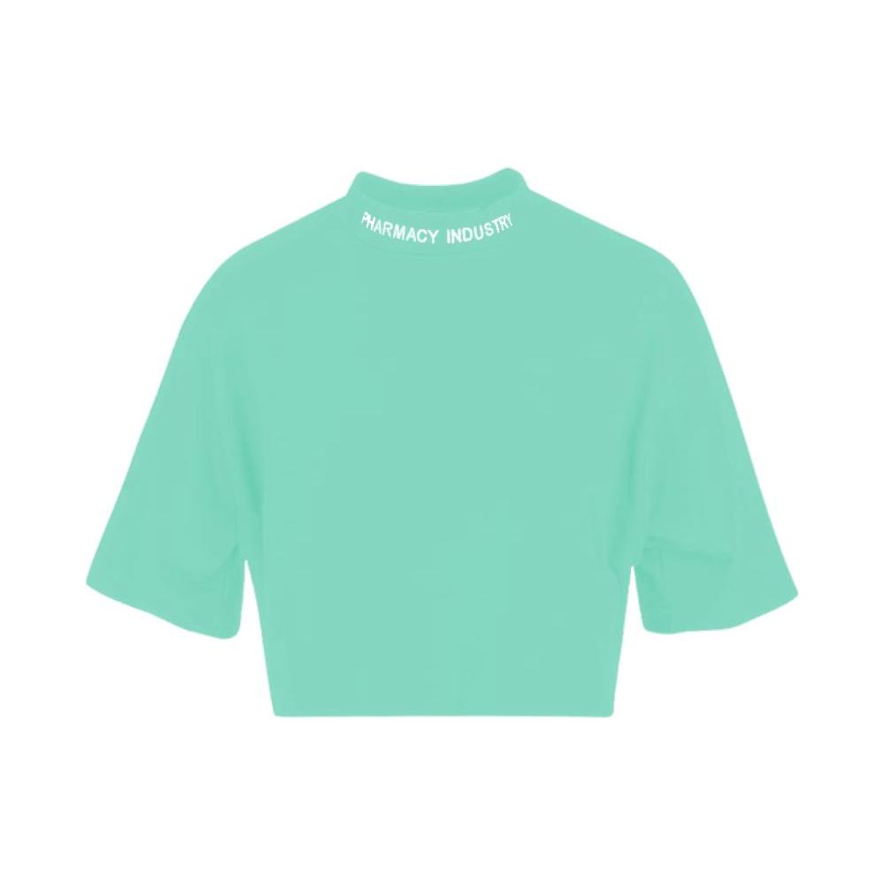 Green cotton t-shirt with Pharmacy Industry logo embroidered on collar, short sleeves, and modern design.