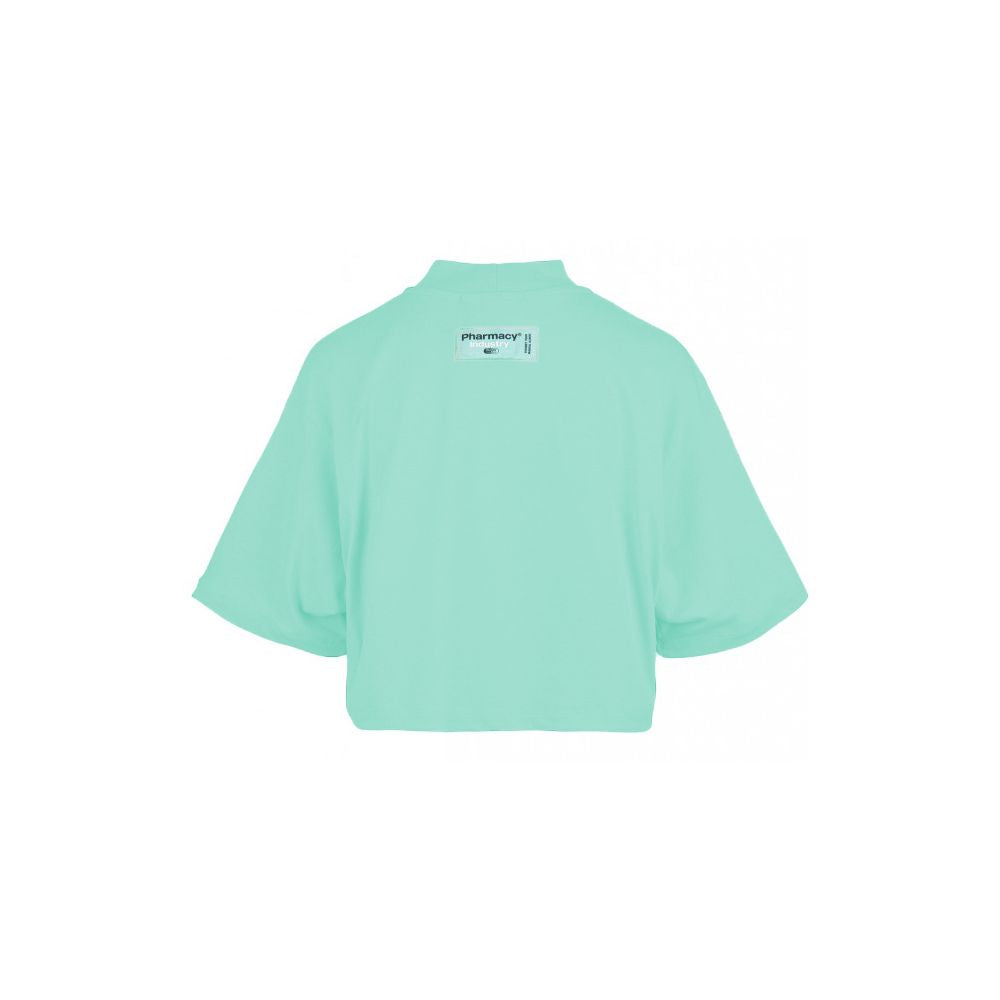 Green Pharmacy Industry cotton t-shirt with embroidered collar logo, short sleeves, back view.