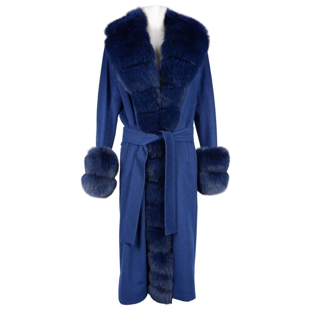 Made in Italy Blue Wool Women Coat with Fox Fur Collar and Edges Made in Italy Midnight Blue
