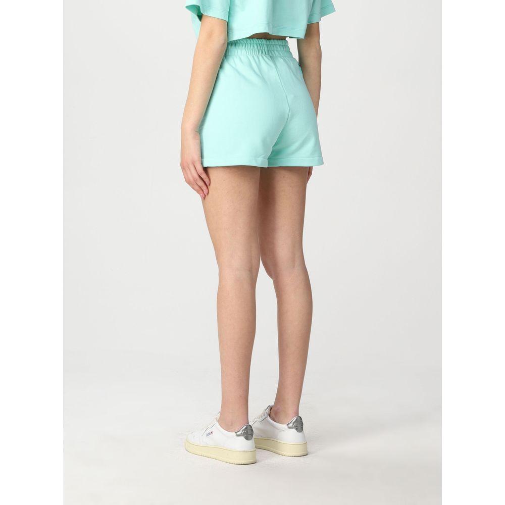 Back view of Pharmacy Industry green cotton women's shorts, 100% Italian fabric, showcasing logo. Ideal summer wardrobe addition.